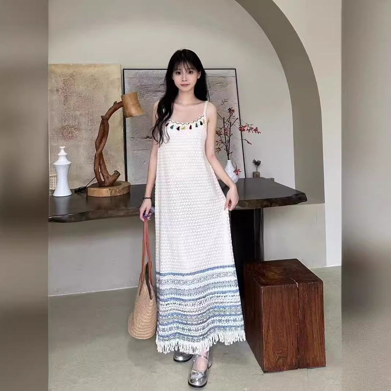 Authentic Quality Ethnic Style Yunnan Specialty Western Travel New Knitted Tassel Slimming Light Retro Blue Long Dress