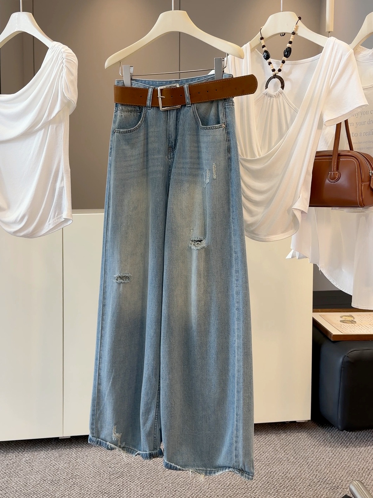 Women's High-Waisted Ripped Jeans Washed Loose Fit Slimming Design Versatile Stylish Long Pants Summer New Style_ecoleips.com