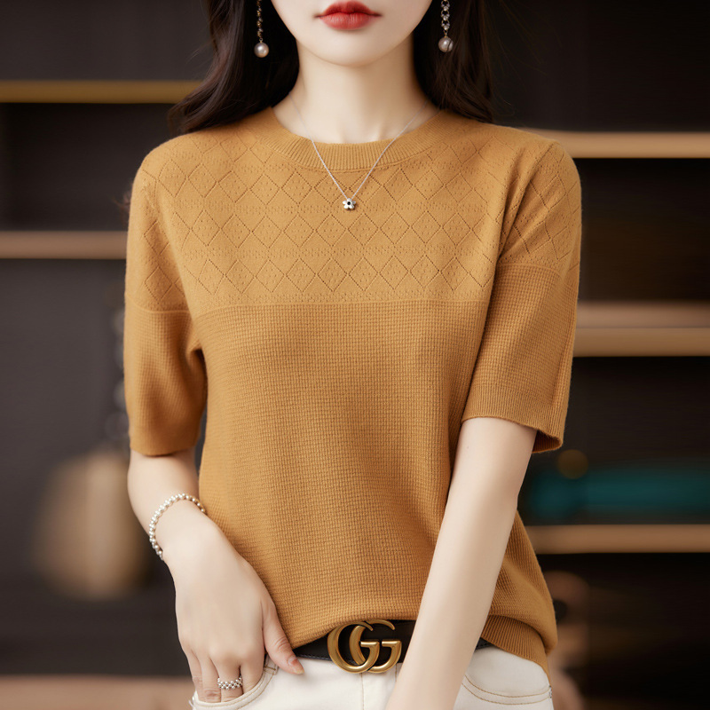 Knitted T-Shirt for Women 2026 Summer New Style Round Neck Diamond-Shaped Hollow Short-Sleeve Fashion Knit Top for Women Knitted T-Shirt for Women 2026 Summer New Style Round Neck Diamond-Shaped Hollow Short-Sleeve Fashion Knit Top for Women
