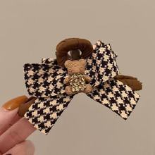 AB双面新款花朵镶钻抓夹大号丸子头盘发发夹咖色格子鲨鱼夹发饰女
