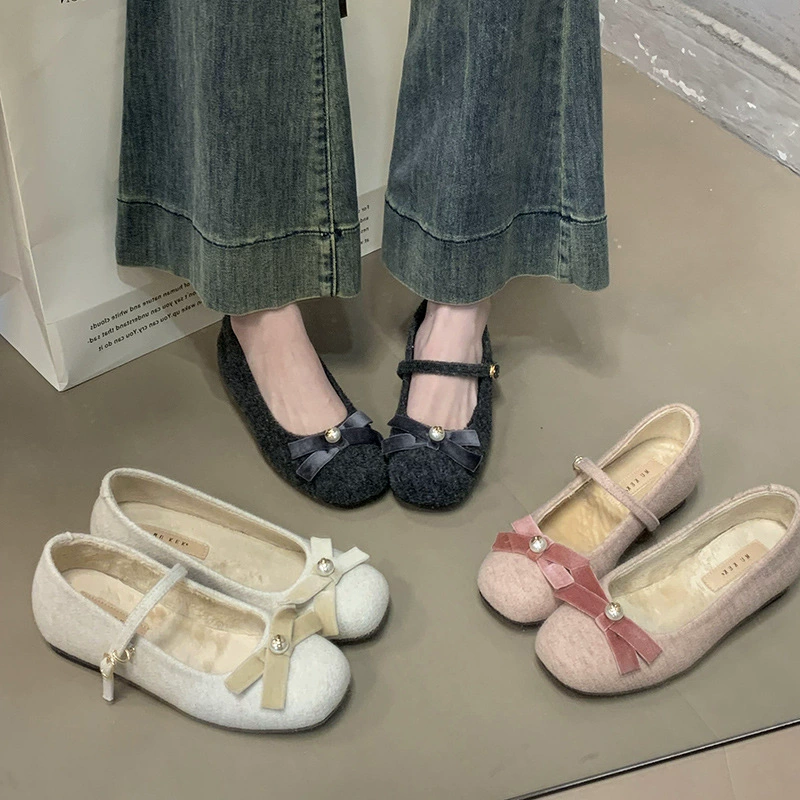 Нежный шерстяной бант, увеличенный внутри, обувь Мэри Джейн, женская осень-зима милая круглая голова плюс бархатная одиночная обувь