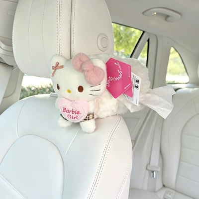 Hello Kitty Cute Car Tissue Car tissue box/set - pink-heart-coffee-skirt-velvet-cat-white-velvet-bag-on-the-left-side
