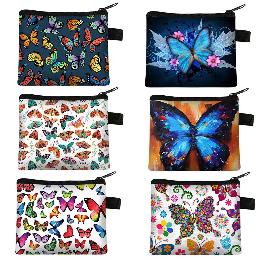 Nuevo monedero con estampado de mariposa para niños, bolso de tarjeta portátil para estudiantes, bolso de almacenamiento con llave de moneda, embrague de poliéster