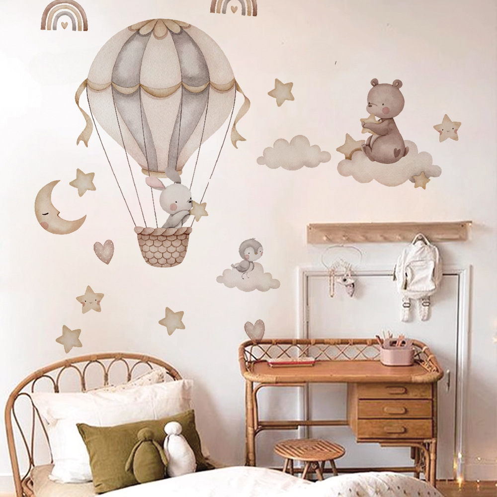 Children's Room Bedroom Kindergarten Creative Animal Star Bear Cartoon Watercolor Rainbow Self-adhesive Wall Stickers Decoration