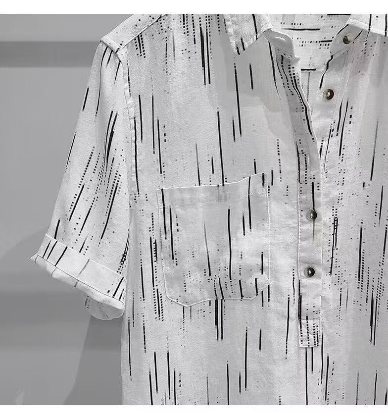 Men's Clothing Men's Summer Thin Linen Shirt Floral Print 5/8 Sleeves Breathable Trendy All-Linen Shirt For Formal & Casual_viptrois.com