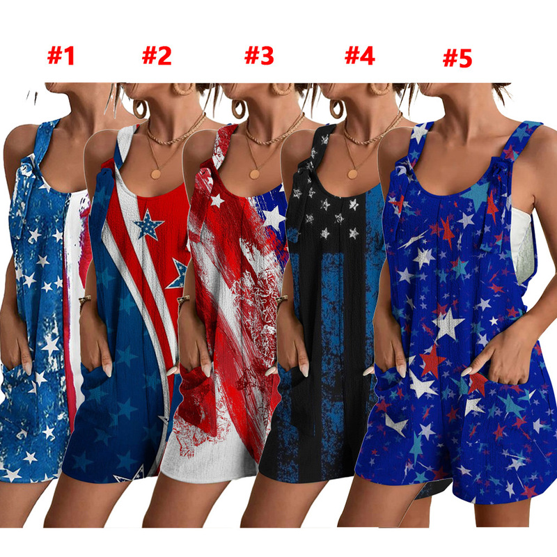 D9621 Amazon Hot European and American Women's Fashion Casual Independence Day Flag Printed Suspender Jumpsuit