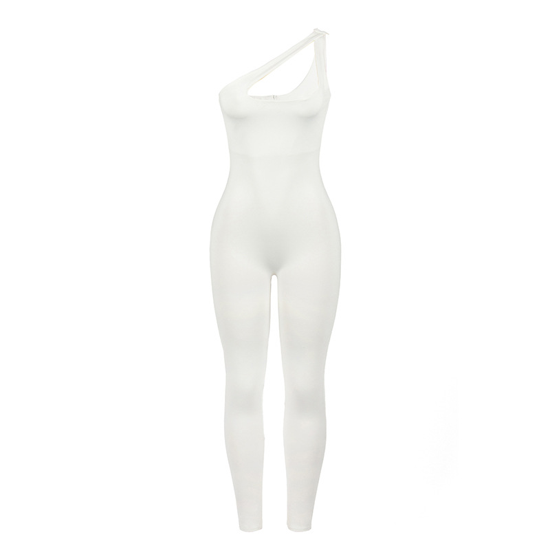 Solid Color Unilateral Oblique Shoulder Strap Top Slim Fit Casual Women One Piece Trousers