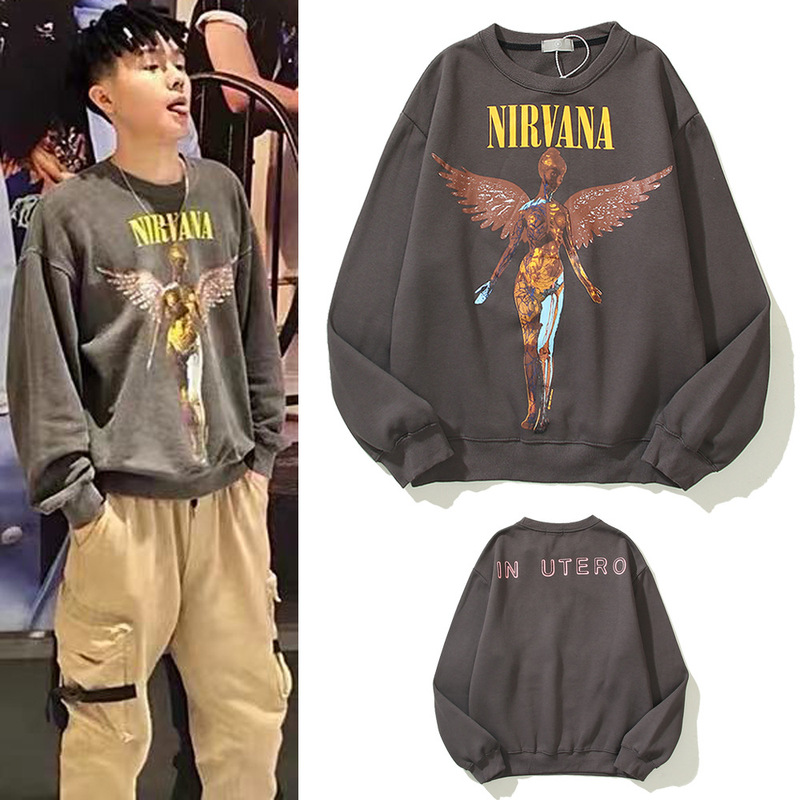 Pure cotton coat cross-border Amazon NIRVANA NIRVANA Angel Rock round neck sweater dark black long sleeve T-shirt tide Pure cotton coat cross-border Amazon NIRVANA NIRVANA Angel Rock round neck sweater dark black long sleeve T-shirt tide