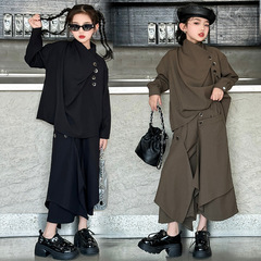 男女童2024設計感小眾襯衣春秋新款兒童氛圍感不規則中大童兩件套