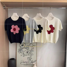 韩版时尚别致甜美撞色小花朵圆领短袖针织衫夏季新款宽松显瘦上衣