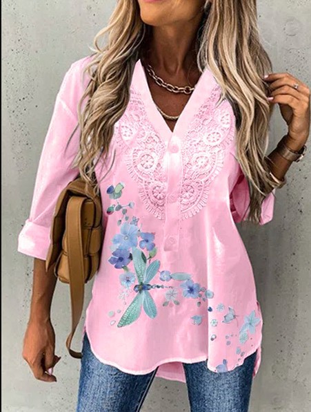 printing V-neck embroidery pullover long sleeve top NSNHYD127736