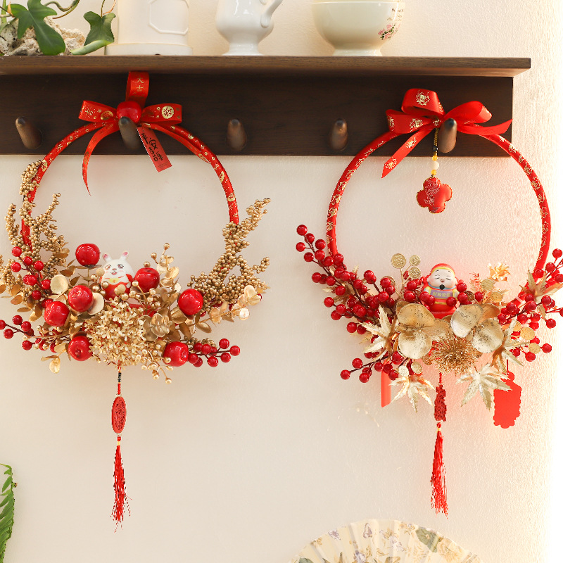 2023新年春节网红新款年宵花环门环墙上挂件客厅装饰福环花艺批发