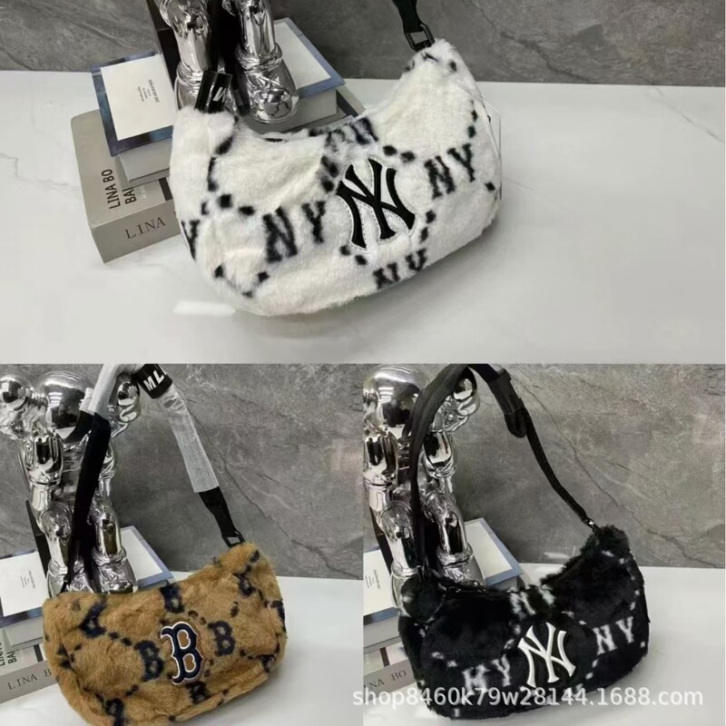 Korean New Mlb Plush Underarm Bag Fashion Versatile Retro Diamond Vintage Handbag Shoulder Bag for Women Trendy Foreign Trade
