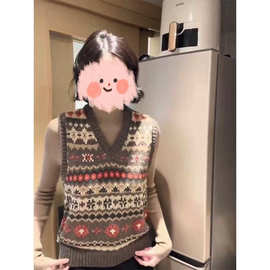 复古费尔岛风提花针织背心女无袖马甲百搭显瘦上衣2025年新款毛衣