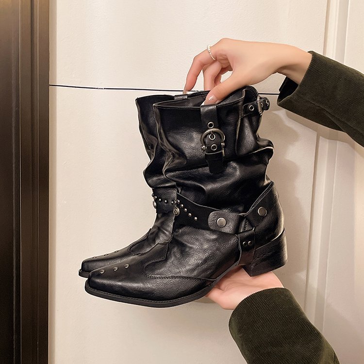 2025 New Autumn and Winter Hot Girl Black Comfortable Rivet Pointed Boots for Women Punk Style Street High Fashion Boots for Women