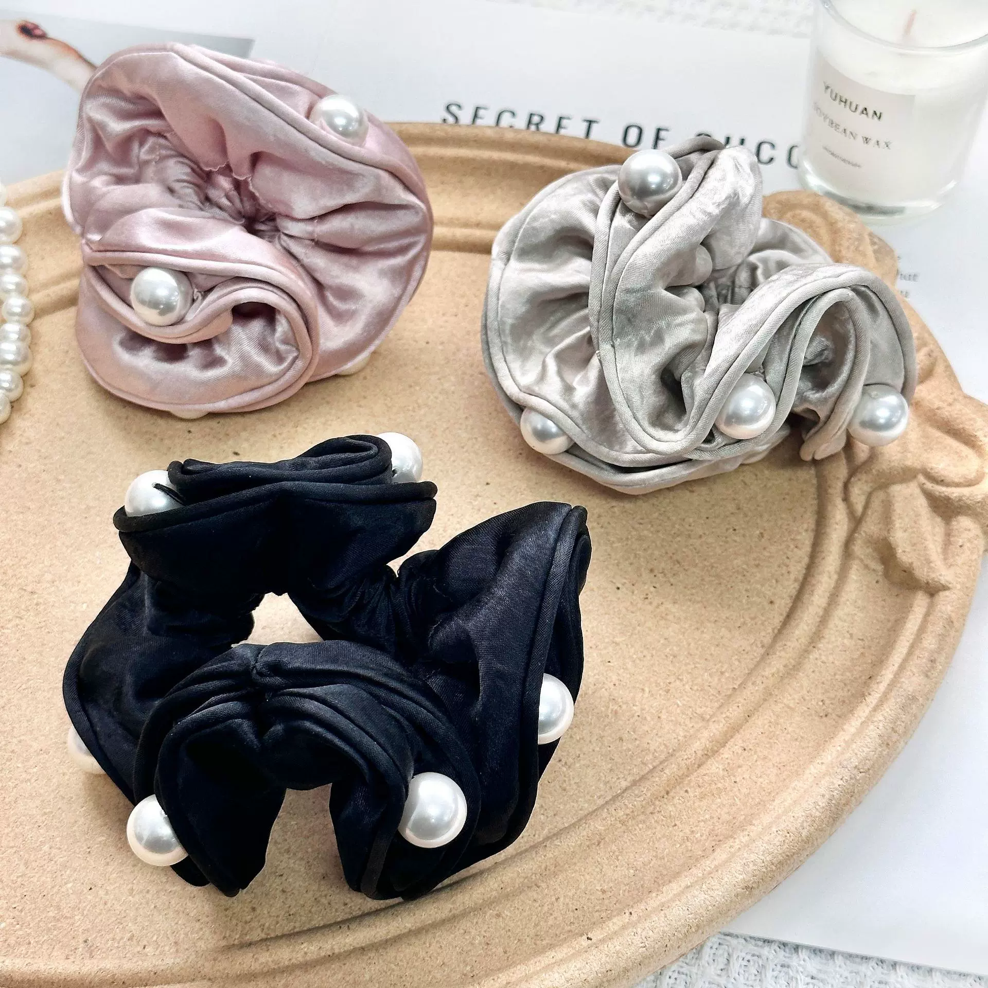 法式奥利维亚滑面珍珠大肠发圈简约高级高弹力盘发发绳明星同款女