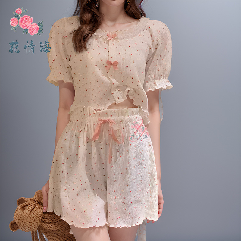 Floral Cotton Sexy Lingerie Bubble Cotton Petite Internet Celebrity Floral Cotton Silk Pure Desire Style Homewear Set for Women A421