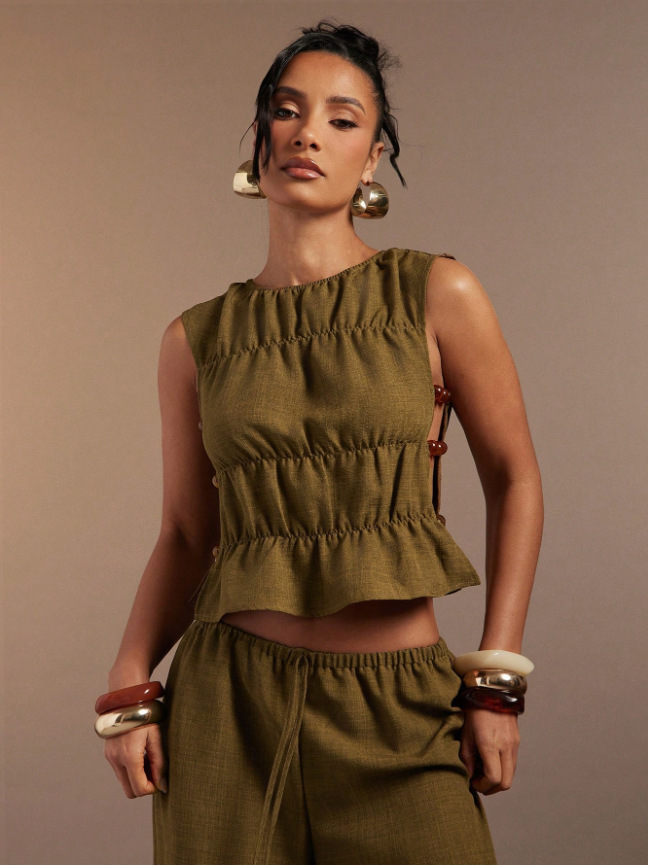 Women's Spring Solid Color Two Piece Set Retro Long Pants Vest Outfit_voghion.com
