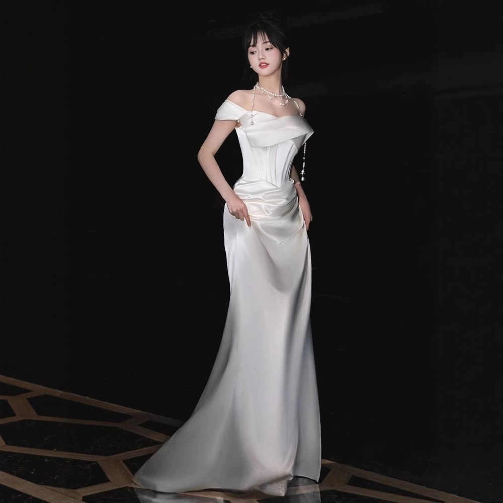 French Satin Off-Shoulder Light Wedding Dress High-End White Niche Elegant Mermaid Bridal Gown For Bride_voghion.com
