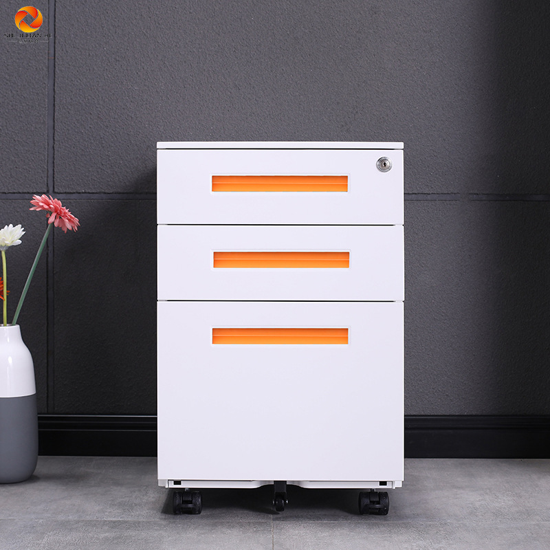 钢制三抽收纳柜带锁资料柜办公桌下可移动抽屉铁皮柜防火防盗