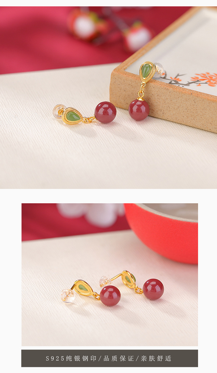 Khuyên tai nữ bạc S925 mạ vàng đính đá jasper hạt tròn hình giọt nước — Một cặp chi tiết 5