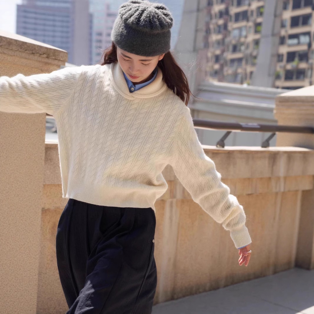 100%纯羊毛衫女休闲针织衫毛衣小翻领秋冬宽松慵懒风羊绒打底衫