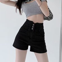 弹力包臀直筒裤夏季收腹排扣交叉设计感修身阔腿超高腰牛仔短裤女