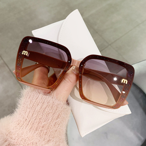 European and American new style square inlaid glitter pink gold frame anti-UV visor sunglasses for big face slimming sunglasses