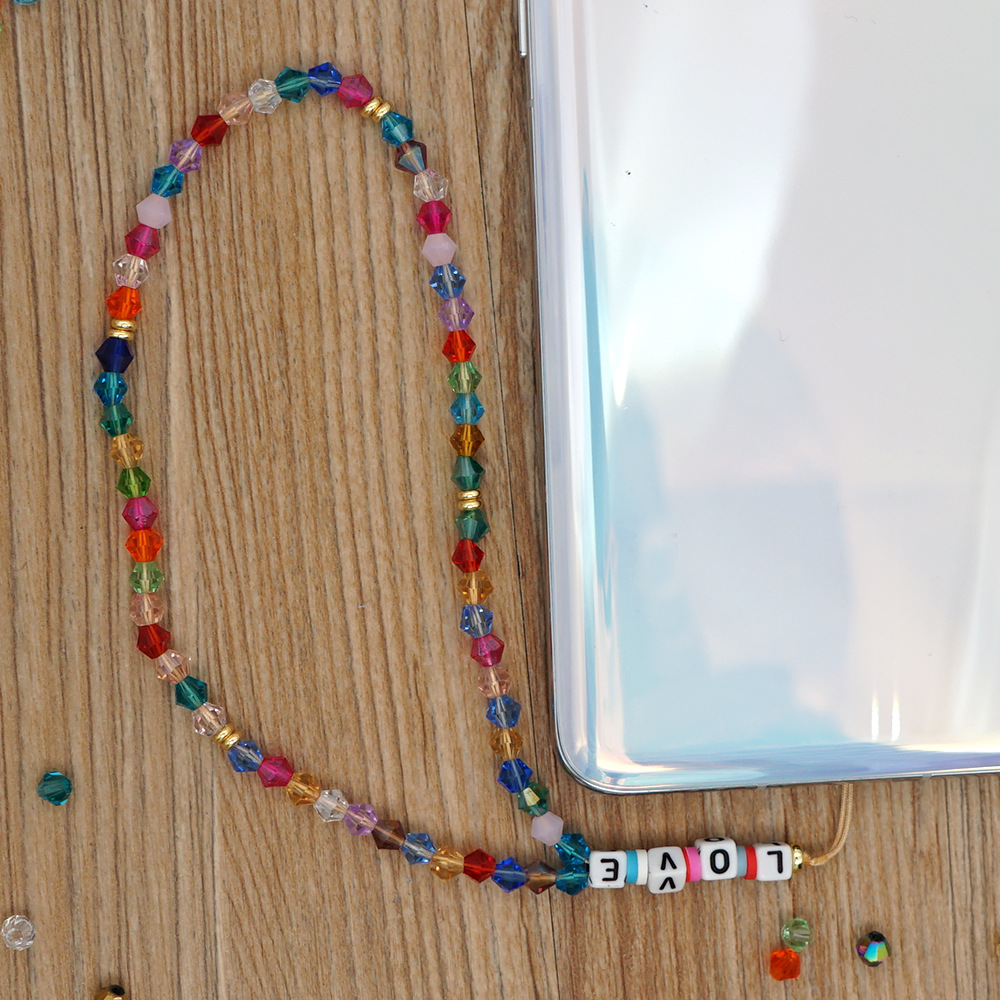 Candy Farbe Antiverlorene Handykette Acryl LOVE Brief Perlen kurze Regenbogenkristall Handy Lanyardpicture3