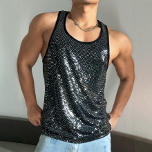 跨境男士时尚镜面亮片夜店蹦迪肌肉砍袖上衣亚马逊独立站背心批发