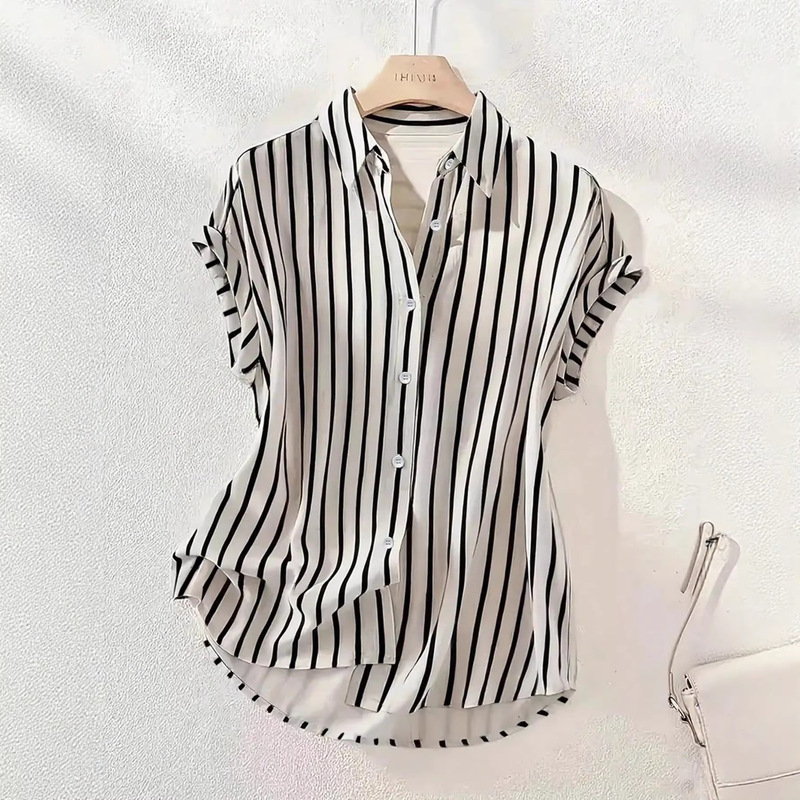 2026 Cross-Border European and American Summer New Fashion Stylish Loose Versatile Striped Short-Sleeve Shirt