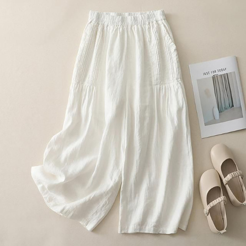 Retro pleated cotton linen wide-leg pants skirt - Spring and Summer 2024 New Bohemian Minimalist Solid Color High-Waist Straight Leg Pants for Women