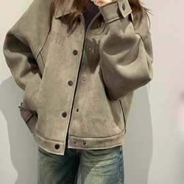 美式复古短款麂皮绒外套女春秋季2026新款慵懒中性风宽松夹克上衣