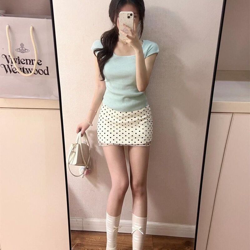 Summer New French Slim Suit Women's Casual Style Short-Sleeved Knitted T-Shirt Elegant Polka Dot Skirt Two-Piece Set
