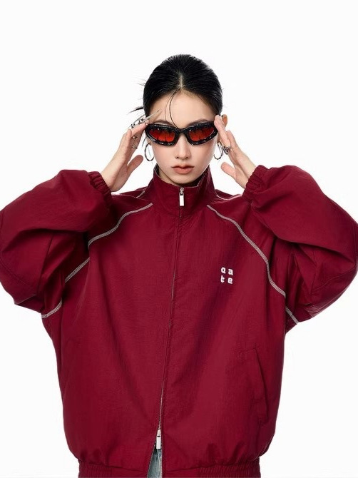 美式格子拼接红色外套男女春秋季新款简约宽松拉链夹克运动上衣|undefined