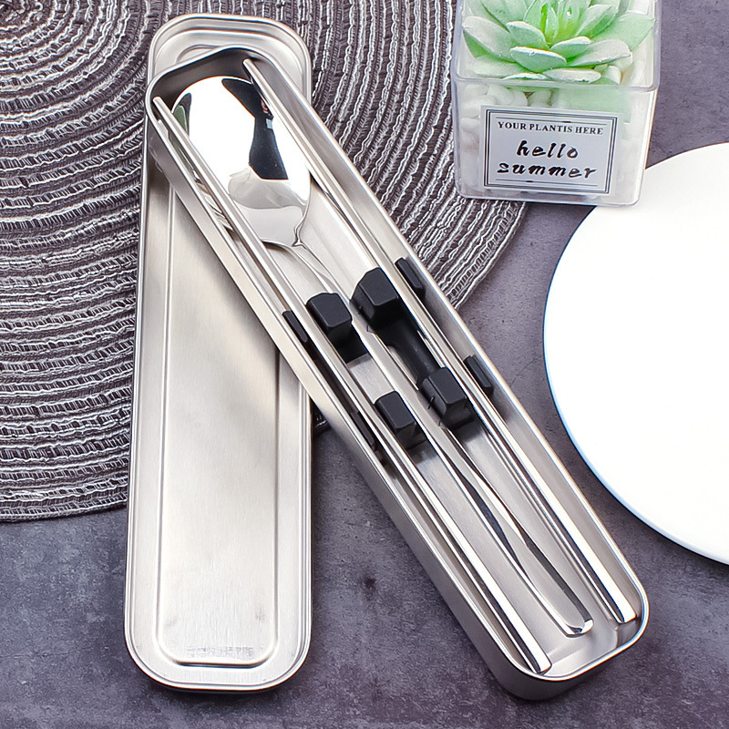 304 Stainless Steel Chopsticks and Spoon Set Portable Tableware Student Office Worker Outdoor Single Tableware Storage Box