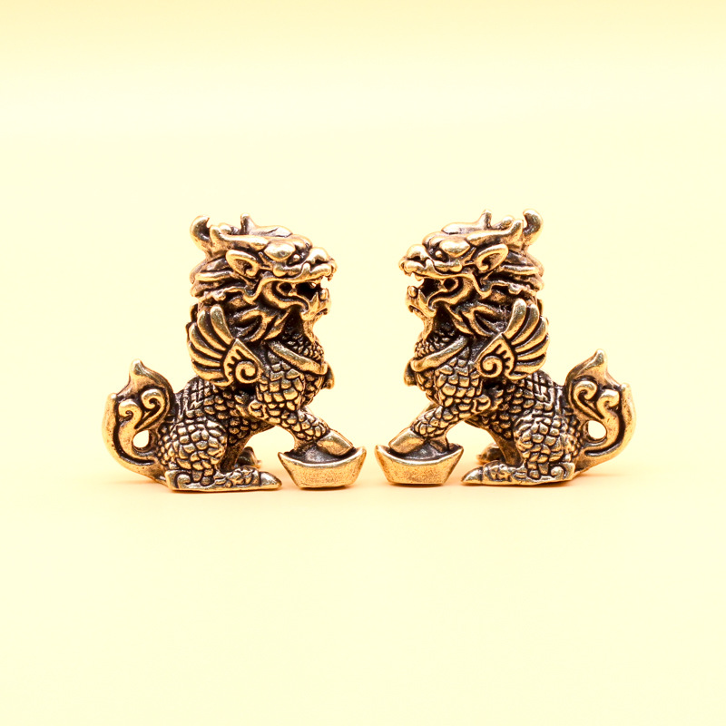 严选黄铜麒麟仿古办公桌面小摆件卧室纯铜纳福元宝麒麟瑞兽神兽厂