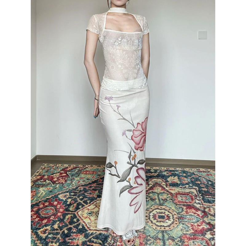 设计两穿时尚气质套装女夏季印花衬衫修身上衣显瘦半身长裙两件套|undefined