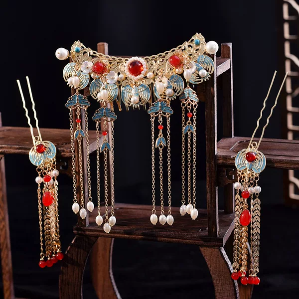 Hanfu antique hair comb blue phoenix hair pin handmade accessories hair accessories hair crown suit headdress back pressure phoenix luan singer