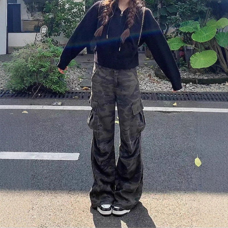 American-Style Straight-Leg Camouflage Cargo Pants for Women, Spring and Autumn Casual Versatile High-Waisted Loose Slimming Wide-Leg Denim Floor-Length Pants