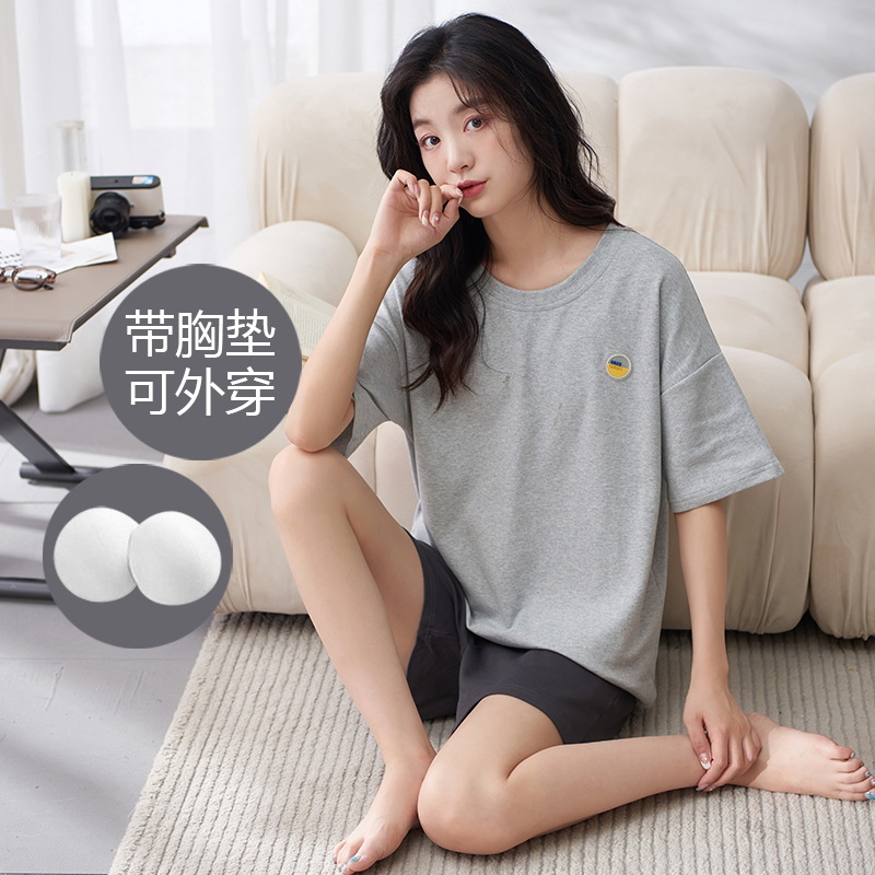 Pijamas de verano para mujer con almohadillas para el pecho, pantalones cortos dulces y bonitos que se pueden usar en el exterior, conjunto de algodón puro de manga corta, novedad 2026, ropa para el hogar