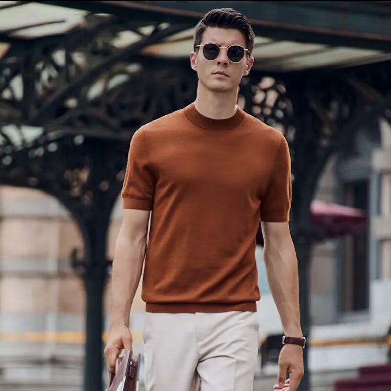 Estilo maduro ligero de negocios verano nuevo estilo casual botón de solapa ins tendencia suéter delgado POLO de manga corta para hombre