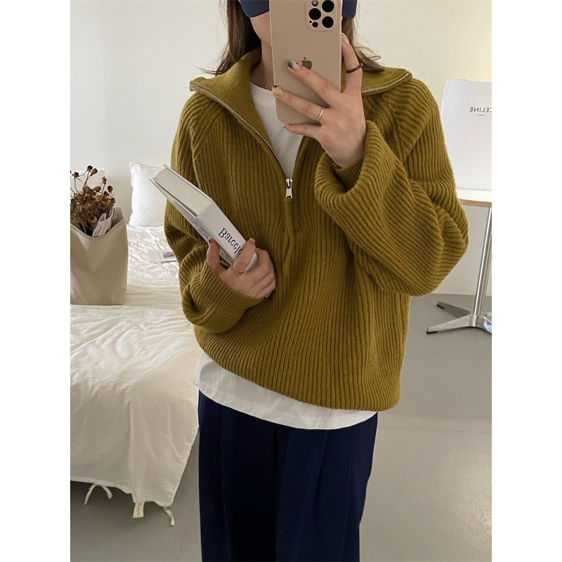 跨境毛衣女港味新款chic韩版翻领拉链针织衫慵懒风宽松加厚外套潮|undefined