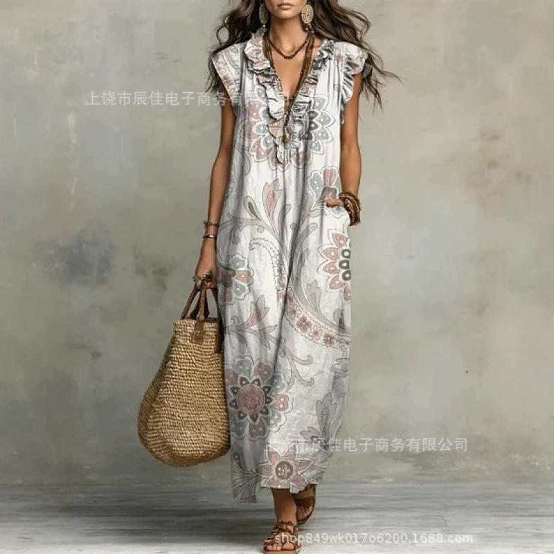 Y2 Vintage Distressed Floral Dress V-Neck Ruffled Sleeveless Pocket Loose Vacation Long Dress - Bamboo Linen