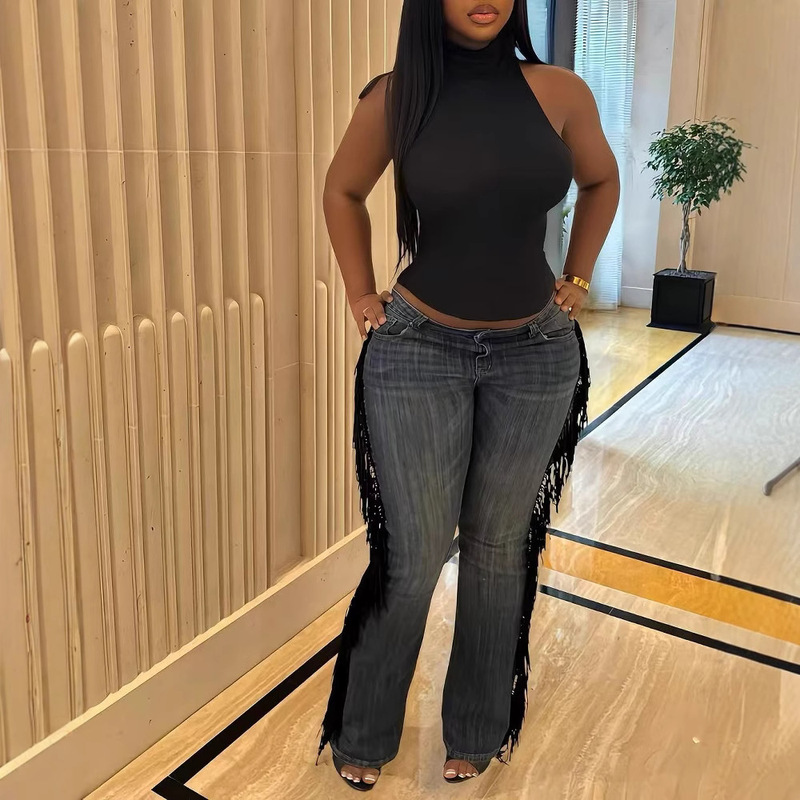 Y5270 European and American women's fashion retro tassel edge high waist straight pants jeans