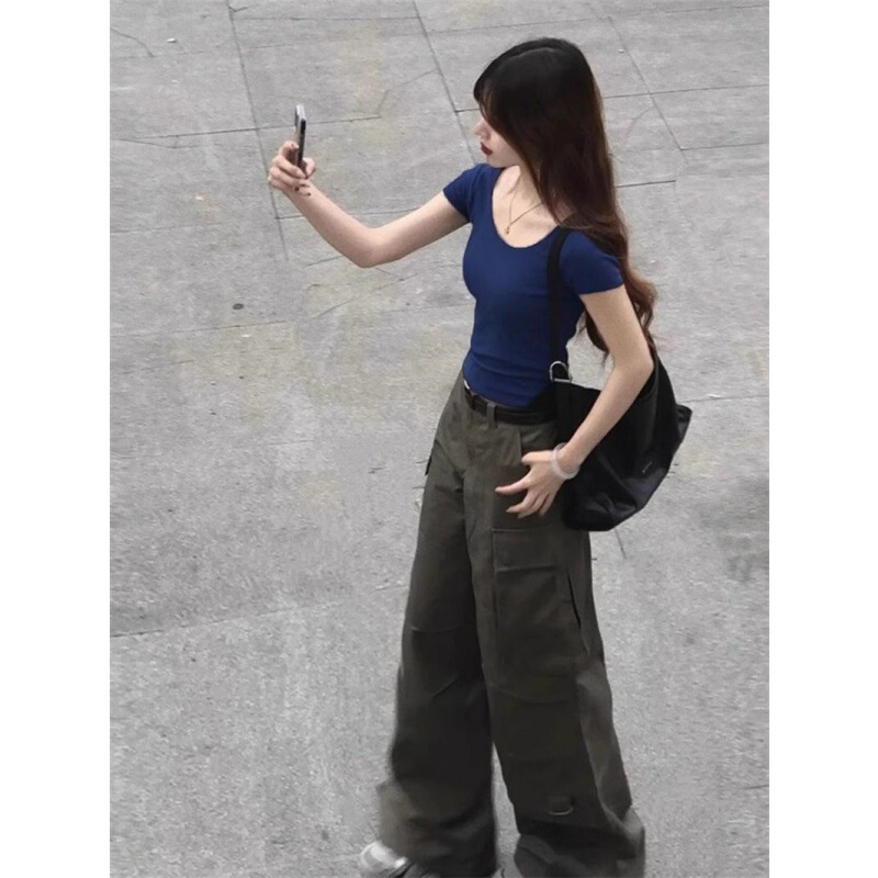 Navy Blue Short-Sleeve U-Neck Regular Shoulder T-Shirt for Women, Summer 2026 New Slim-Fit Tight Short Top Outfit Navy Blue Short-Sleeve U-Neck Regular Shoulder T-Shirt for Women, Summer 2026 New Slim-Fit Tight Short Top Outfit