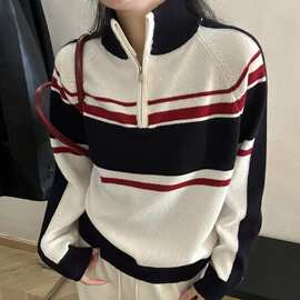 100纯羊毛半拉链立领拼色条纹女士套头针织衫日常百搭减龄毛衣潮