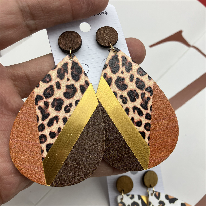 1 Pair Quantity 1 Pair Ethnic Style Geometric Water Droplets Leopard Stoving Varnish Wood Drop Earrings