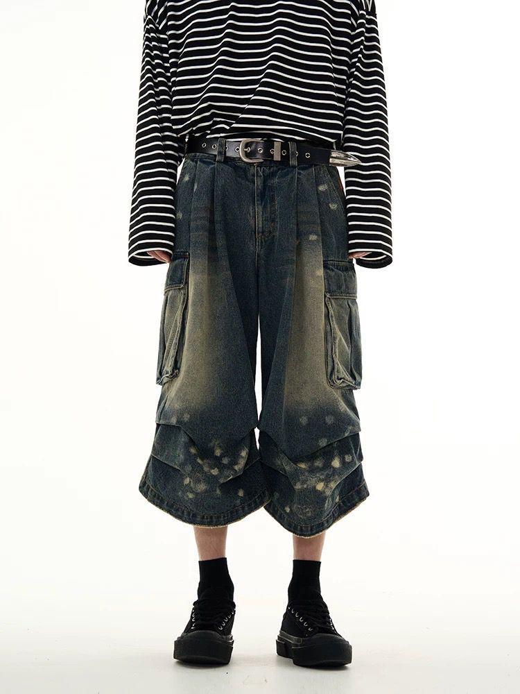 Tailang's Shop American-Style Multi-Pocket Cargo Denim Shorts for Men with Pleated Design, Cropped Loose Drape Pants