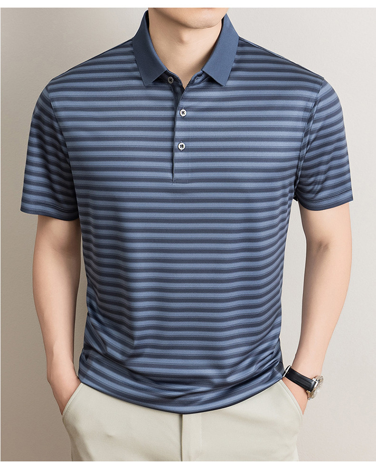 Áo polo nam tay ngắn cổ bẻ sọc kẻ chất liệu tơ tằm mulberry mềm mịn — Vàng tím 8878 chi tiết 21